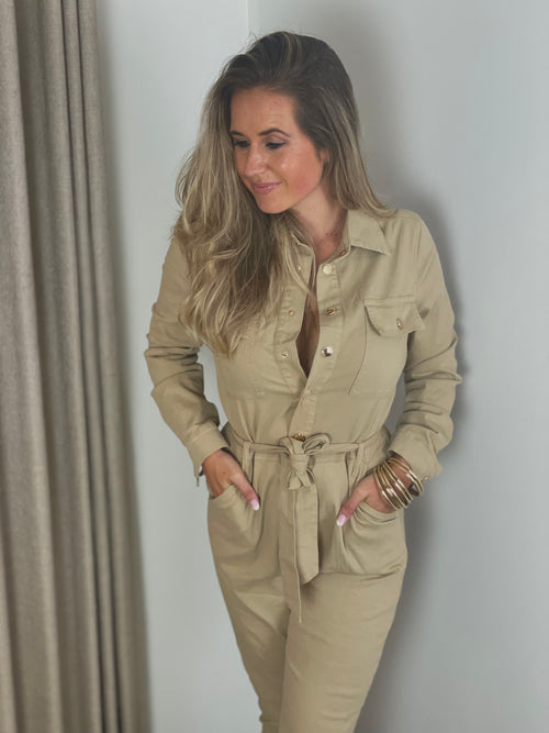 Golden button jumpsuit beige